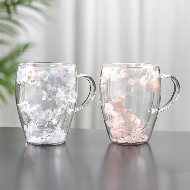 1 taza para té y café de vidrio de borosilicato de alta calidad Ins Trends, taza con flores secas y flores, taza de vidrio de doble pared resistente al calor simple