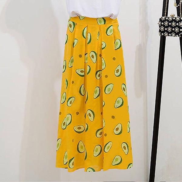 Women Summer Vintage Two Pieces Set Slim Short Sleeve T-Shirt Fruit Printed Skirt Suit High Waist Long Pleated Skirt Casual Suit
