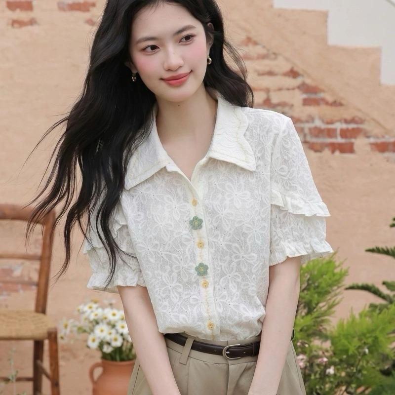Ladies' Floral Embroidered Shirt Female Turn-Down Collar Butterfly Sleeve Blouse Summer New Korean Style Versatile Top