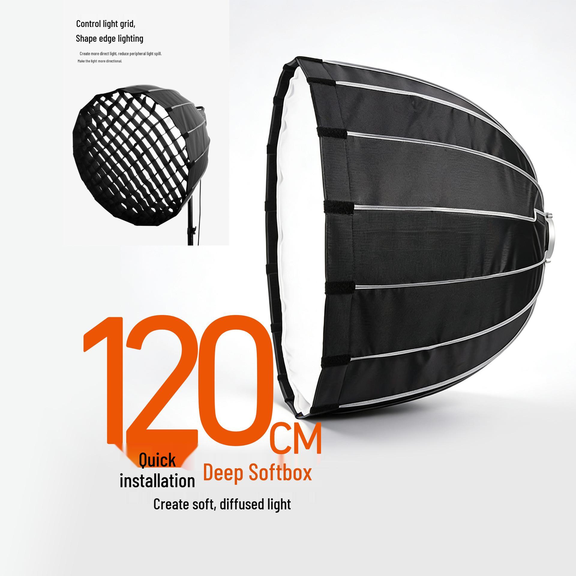 120CM Quick-Release Parabolic Softbox with Bowens Mount and Portable Honeycomb Grid Diffuser. 60cm Deep Parabolic Grid