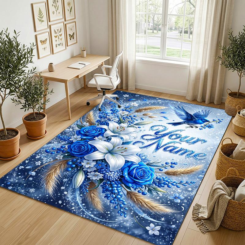 Floral Garden Theme Crystal Velvet Rug Personalized Custom Name Text Soft Floor Mat Home Decor