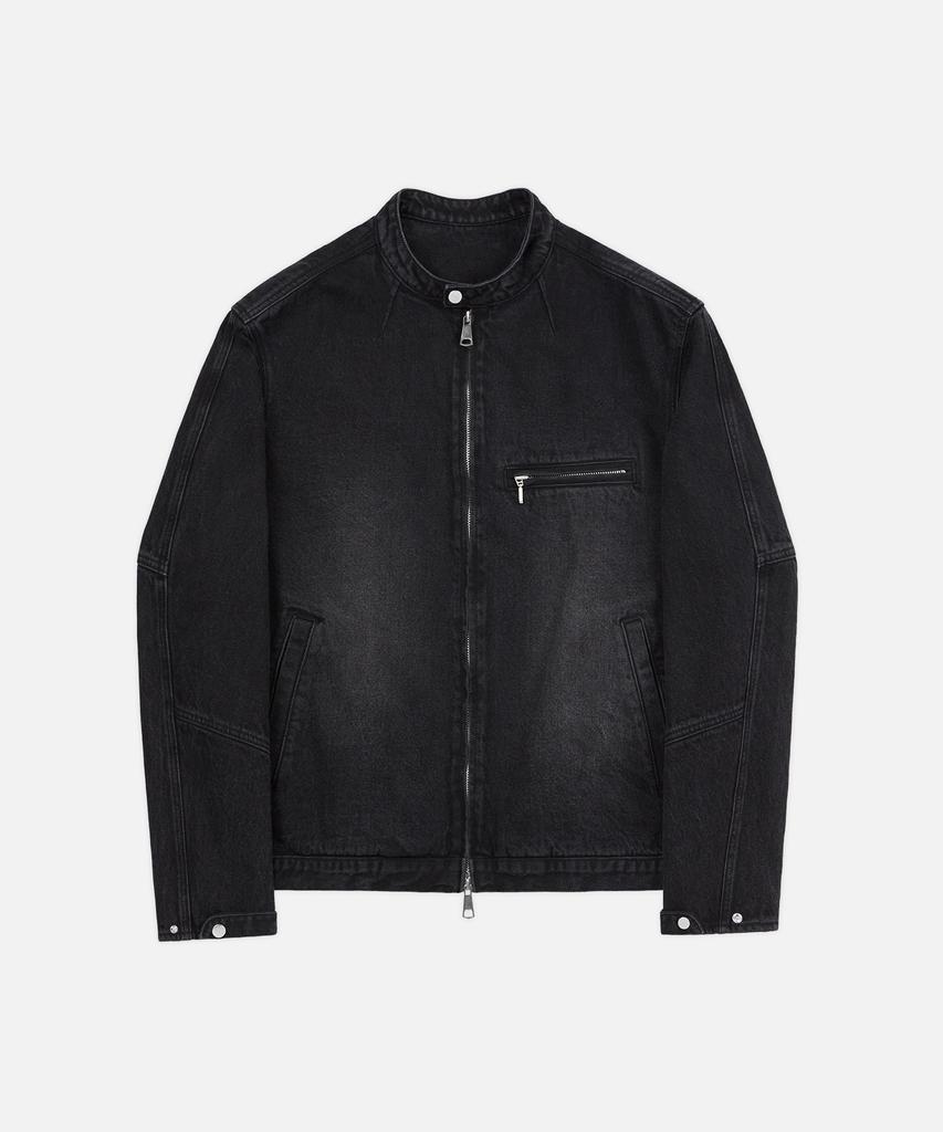 Draw Fit Washed Biker Denim Jacket [Black]