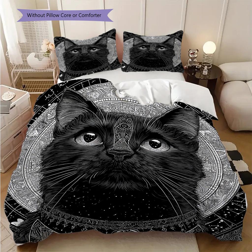 Black Cat Pattern Bedding Quilt Set Quilt Cover Pillowcase Home Decoration Birthday Gift (1 * Duvet Cover + 2 * Pillowcase, Without Core)