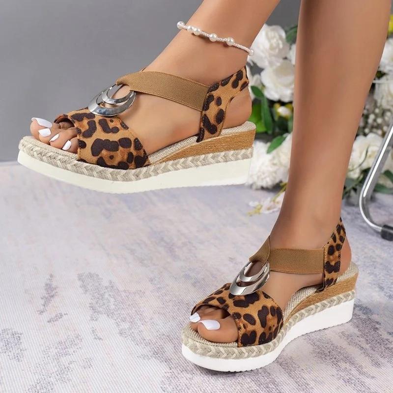 Fashion Leopard Print Women's Sandals 2026 Metal Decoration Wedges Sandalias Mujer Lightweight Non-Slip Gladiator Shoes Women