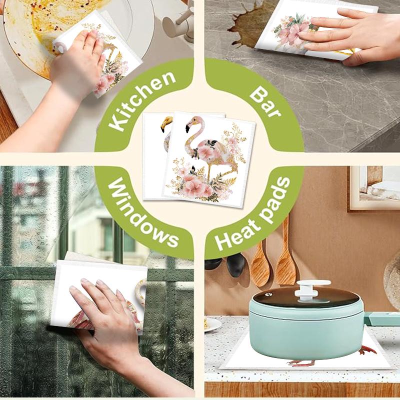 Cleaning Cloth Reusable Kitchen Dish Towels Eco-friendly Microfiber Floral Flamingo Print Dishcloths Lint Free Washable Duster Rags Tea Towels 9*7inch