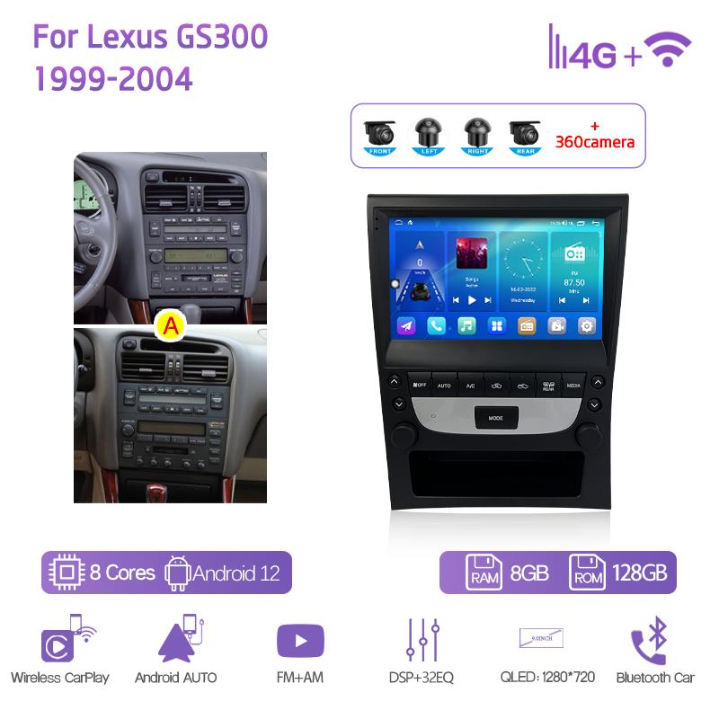 9.0Inch For Lexus GS300 1999-2004 GPS Navigation Radio Android12 8+128G 8Core CarPlay 4G 360 Camera Car Multimedia Video Player