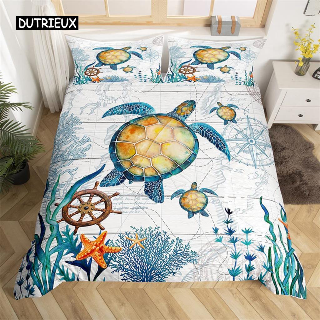 Sea Turtle Duvet Cover Sea Turtle Jellyfish Coral Reef Bedding Set Microfiber Blue Ocean Underwater World Queen King Quilt Cover