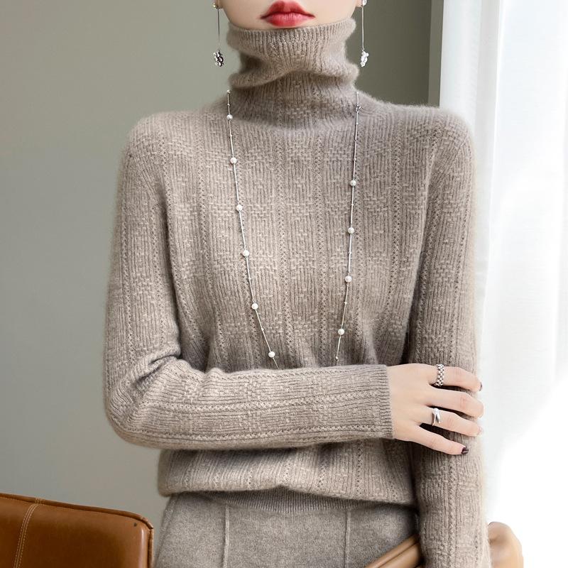 Zimní stylový žakárový svetr s hřejivým límcem pro ženy Měkký a poddajný k pokožce Kašmírový pletený svetr Módní a všestranné základní tričko