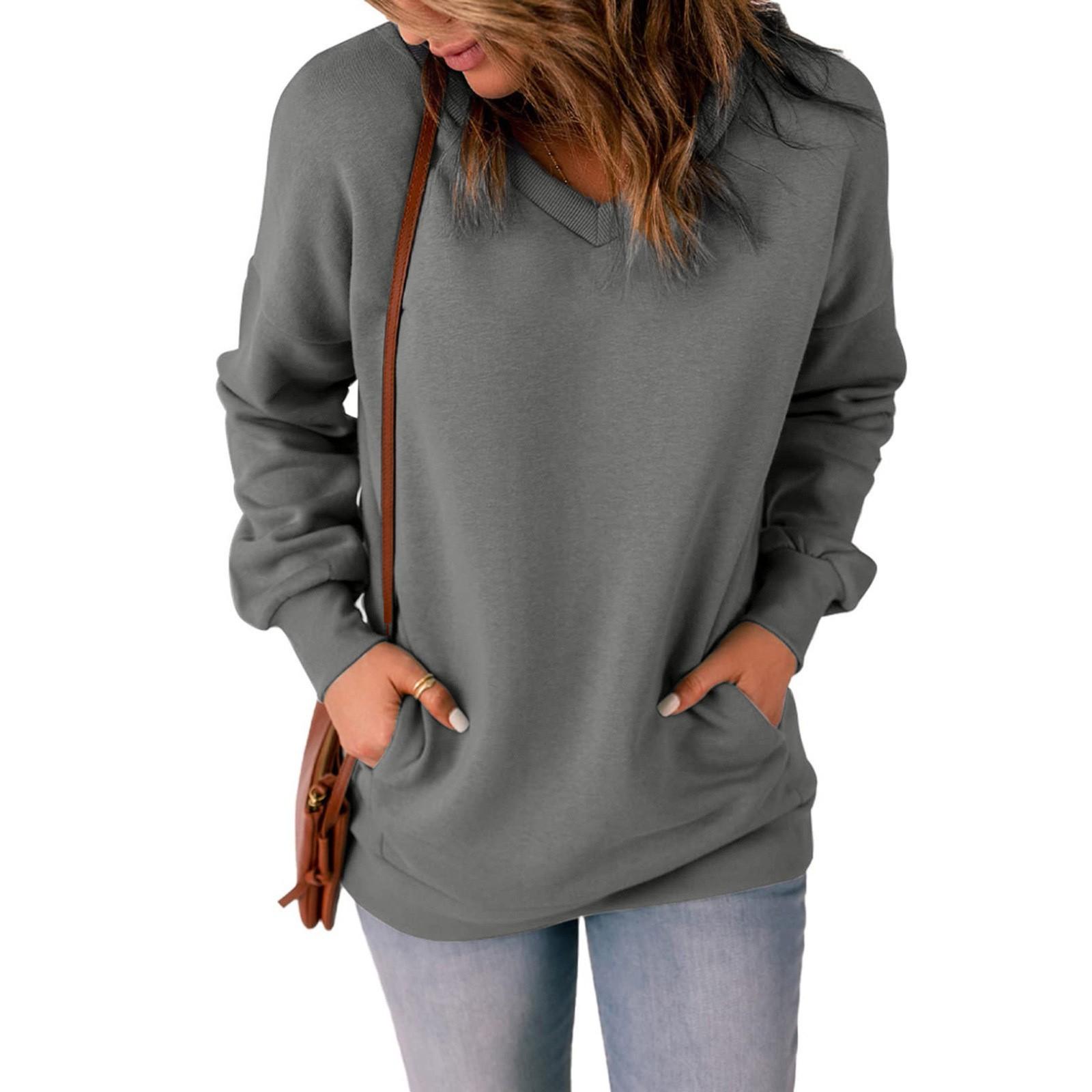 

Женская повседневная толстовка с v-образным вырезом, свободные мягкие пуловеры с длинными рукавами, однотонные рубашки с боковыми карманами M