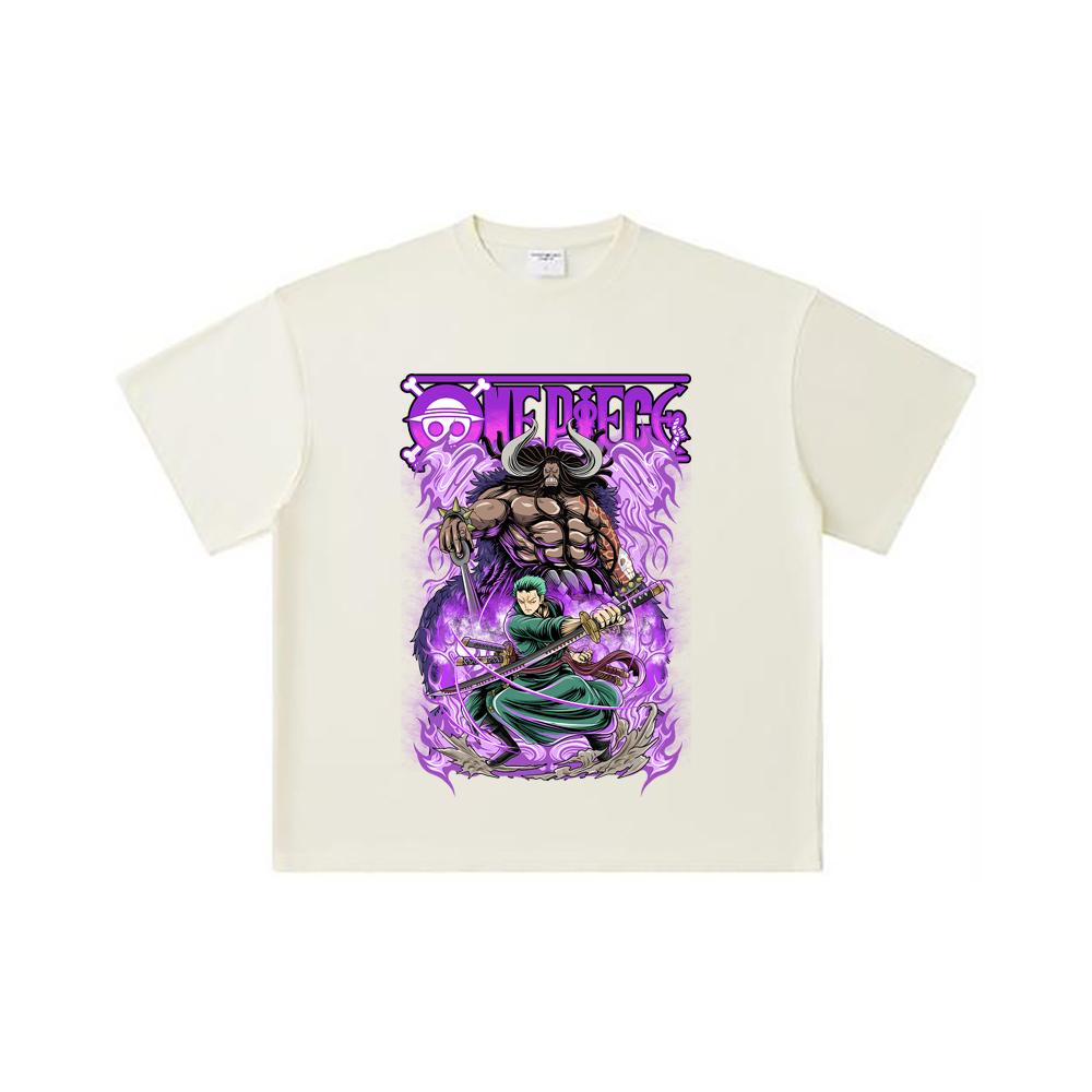 

260 GSM Double Yarn 32 Count 100% Cotton One Piece V32 Zoro Kaido Print Unisex Heavy Cotton T Shirt S