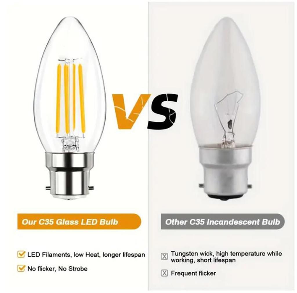 5-Pack B22 Bayonet C35 LED Filament Bulbs, 4-Watt Equivalent (40-Watt) for Energy-Saving Lighting, Pendant Lamps, Table Lamps, and Wall Lamps