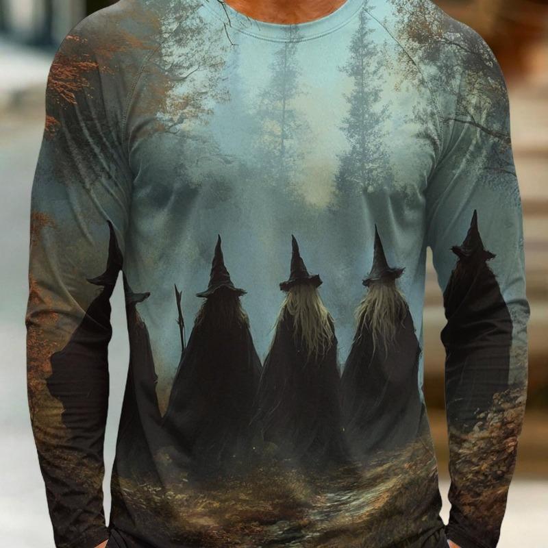 Men Long Sleeve T‑Shirt Purple Halloween Night Black Cat Pumpkin Bat Moon Print Crew Neck Casual Tops