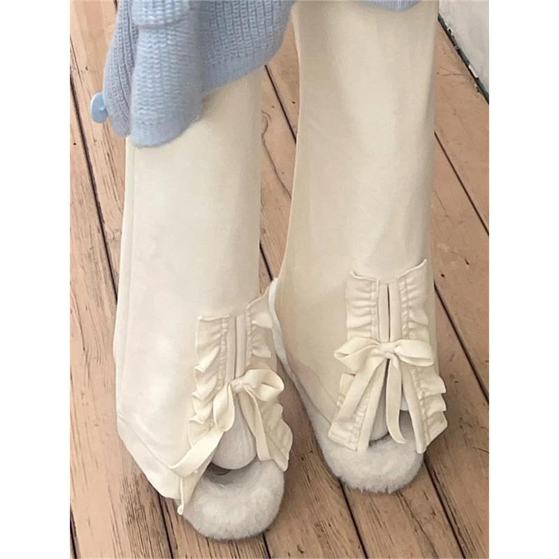 Dámské oblečení Sladké Roztomilé Béžové kalhoty Vysoký pas Volány Kalhoty Ženské Dívčí Elegantní Rovné Široké nohavice Pantalon Korejský styl