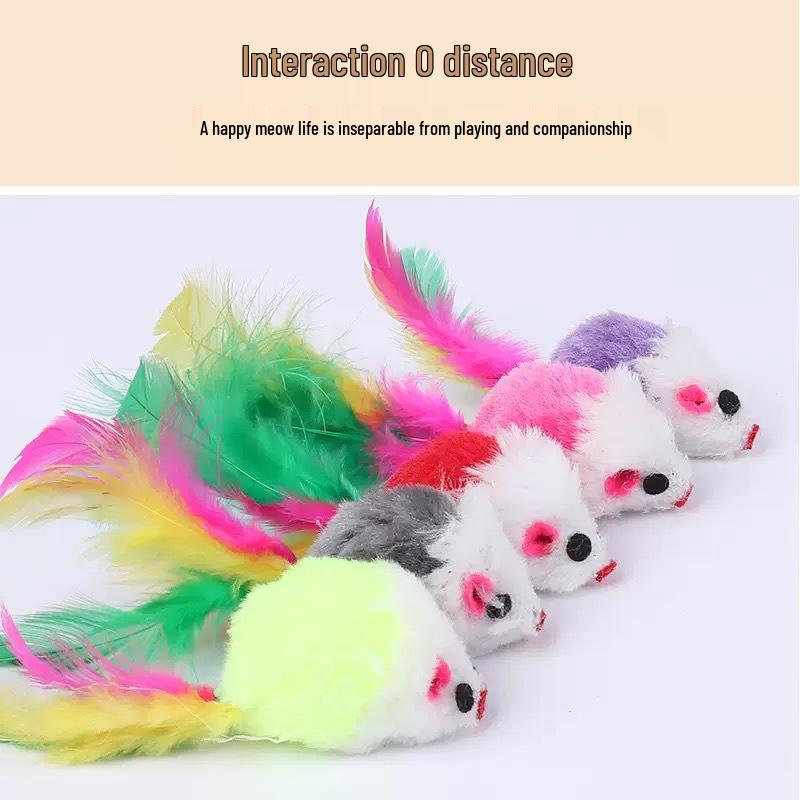 Scratch & Bite-Resistant Cat Teaser Plush Mouse with Colorful Feathers - Interactive Self-Play Toy