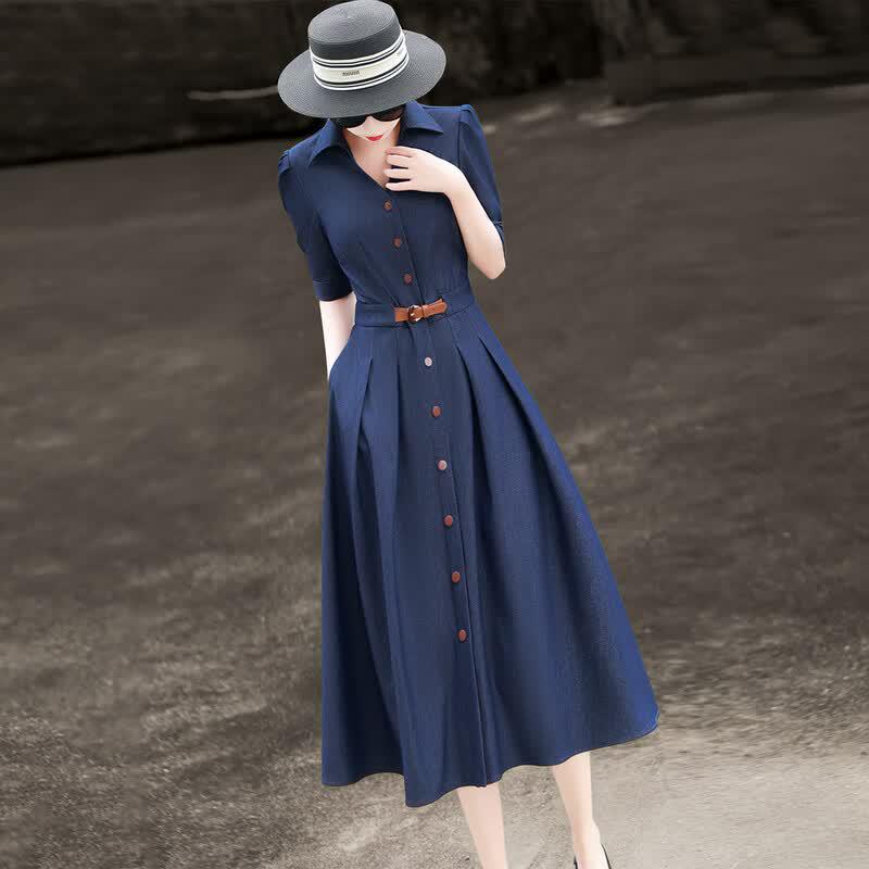 Lanser 2026 Summer Modern Denim A-Line Dress with Waist Tie S