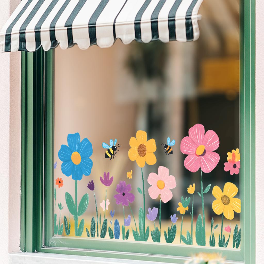 Cartoon Colorful Bee Flower Window Sticker Kids Room Kindergarten Glass Decoration Self-Adhesive Wall Art