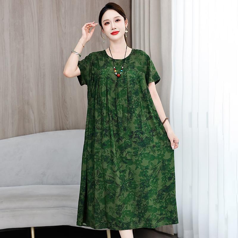 2 Neues hochwertiges florales Baumwoll-Seiden-Kleid für Damen-Sommer-Temperament, Bauchbedeckung für Mütter, große Größe künstliche Baumwolle langer Rock