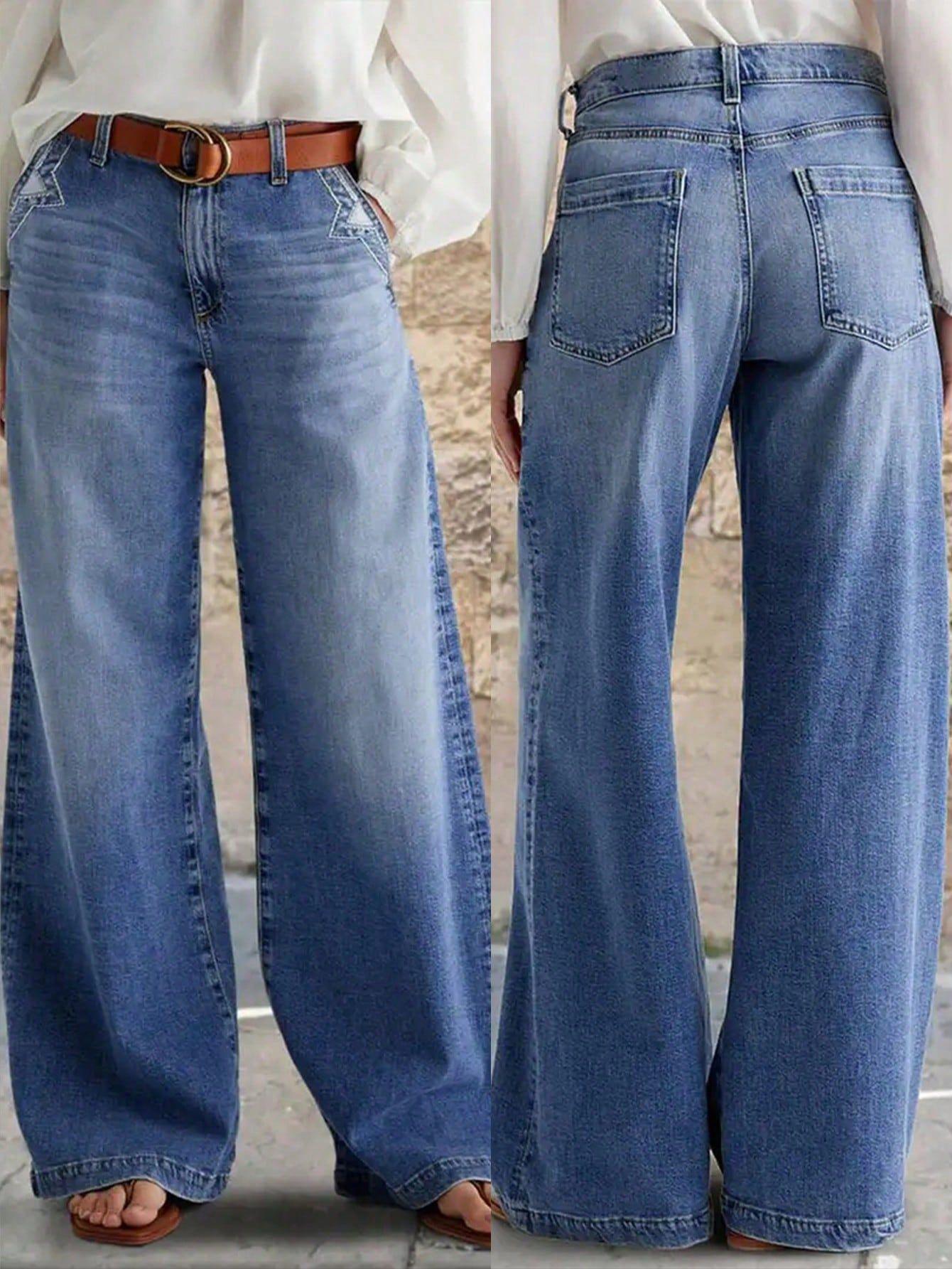 

Women s Retro Plus Size Wide-Leg Jeans - Fashionable Casual Long Pants 0XL синий