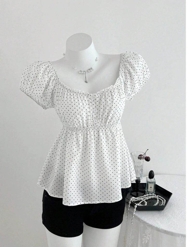 Top de Verano para Mujer con Lunares, Mangas Abullonadas, Efecto Adelgazante, Cintura Ceñida y Cuello Redondo