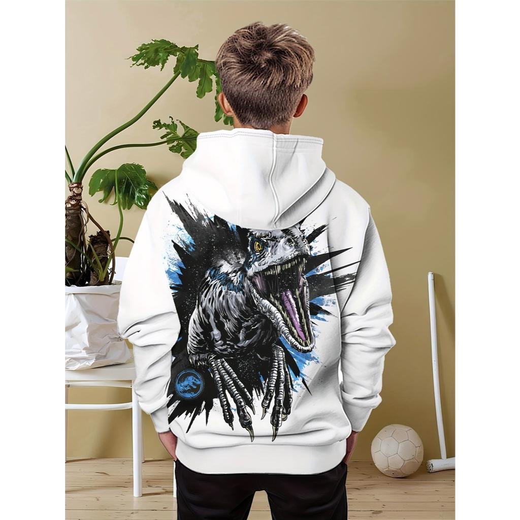 Boy Dinosaur Hoodie with Tyrannosaurus Rex and Velociraptor Patterns - Durable Digital Dinosaur Pattern