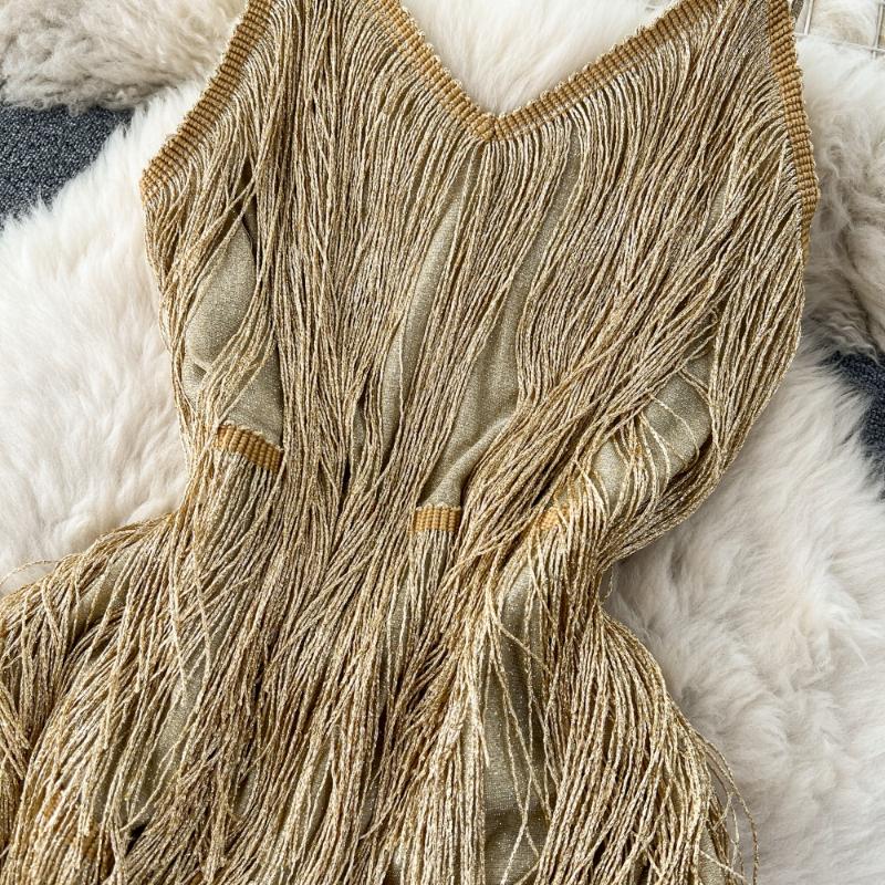 Sexy Quasten Patchwork Hohl Slip Kleid Frauen Sexy Backless Elegante Abend Party Kleider Vintage Dünne Mini Zeremonielle Kleid 2024 Neue