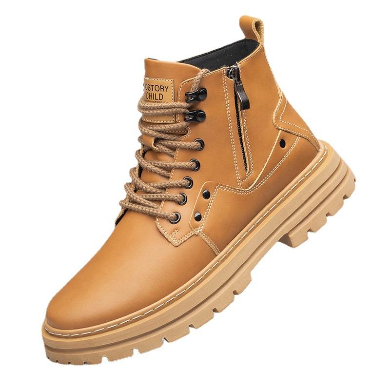 Autumn and winter trend cowhide Martin boots high-top tooling British style invisible inner heightening thick-soled lace-up tooling boots men's boots