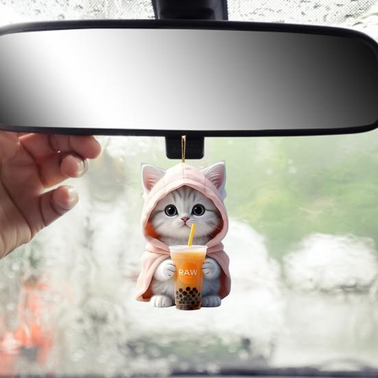 2Pcs Car Pendants Rearview Mirror Decorations with Lanyard Easy To Hang Adorable Cartoon Cat Shaped Pendants Hanging Ornaments