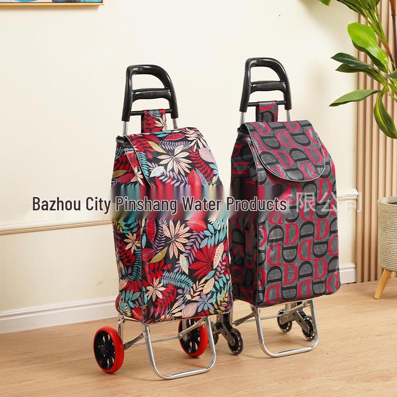 Portable Folding Trolley Cart for Seniors - Floral Pattern, Large Capacity for Grocery Shopping and Home Use