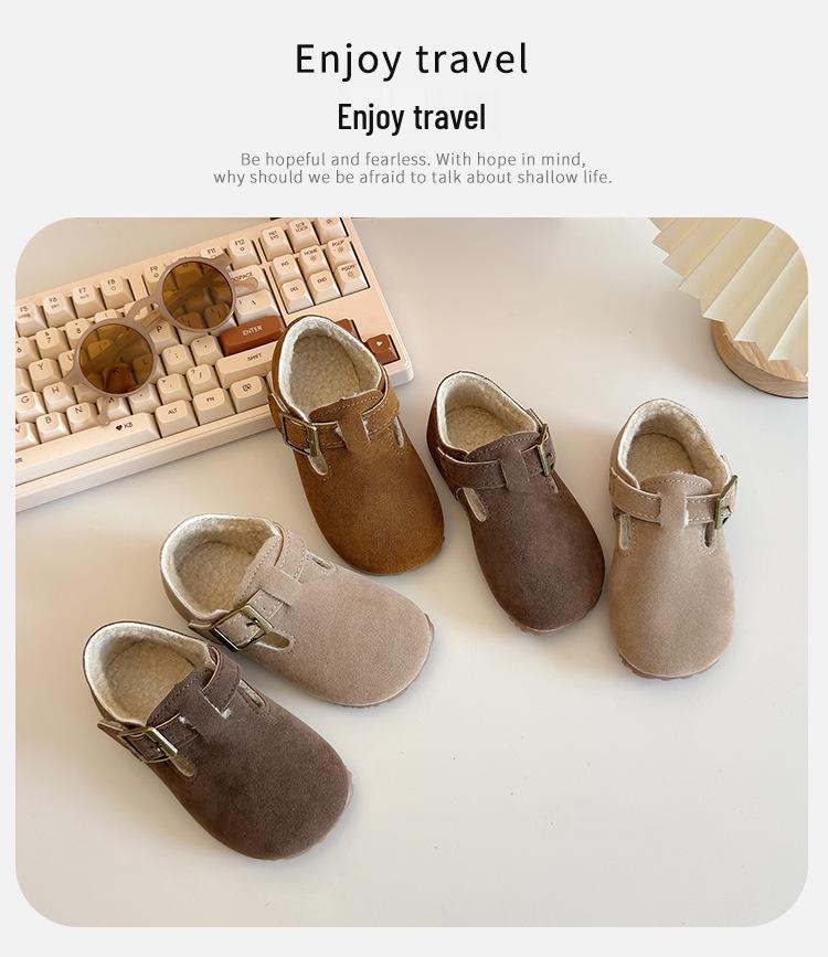 Children's Winter 2025 Cotton & Leather Shoes – Soft Sole, Fleece-Lined Birkenstock Style for Boys & Girls