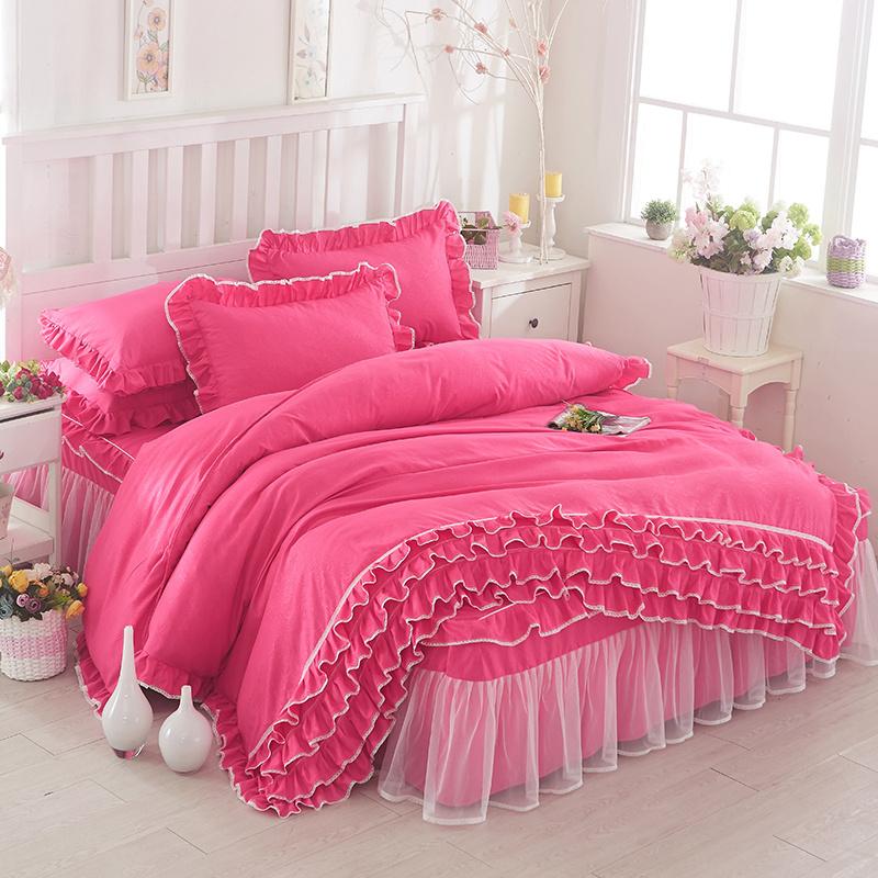 Korean Princess Duvet Cover 4 Piece Set Solid Color Ruffles Lace Quilt Cover And Pillowcase For Girl Woman Romantic Bedspread