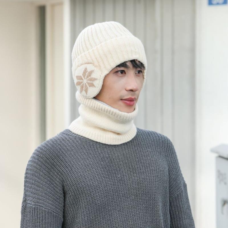 Unisex Warm Fleece Lined Knitted Hat Set for Men Winter Cycling Windproof Cold Proof Large Brim Woolen Overhead Accessory