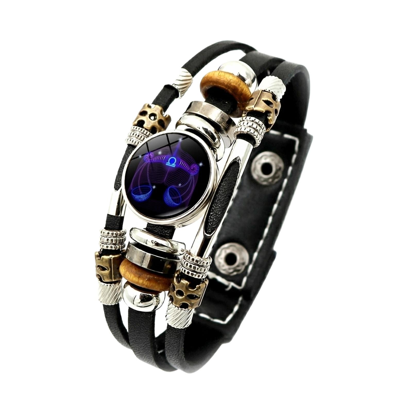 

Glow In The Dark Zodiac Sign Leather Bracelet Adjustable Multi Layer Band With Metal And Wooden Beads For Men And Women One Size