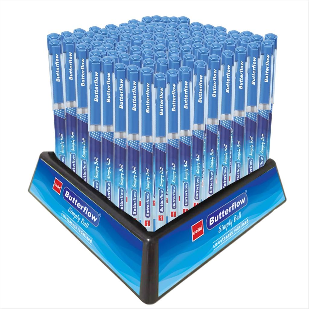 Cello Butterflow Simply Ball Pen Set Pack Of 1 X 100 Blue Ink 0.7mm Smooth Writing Pens For School Office And Exams