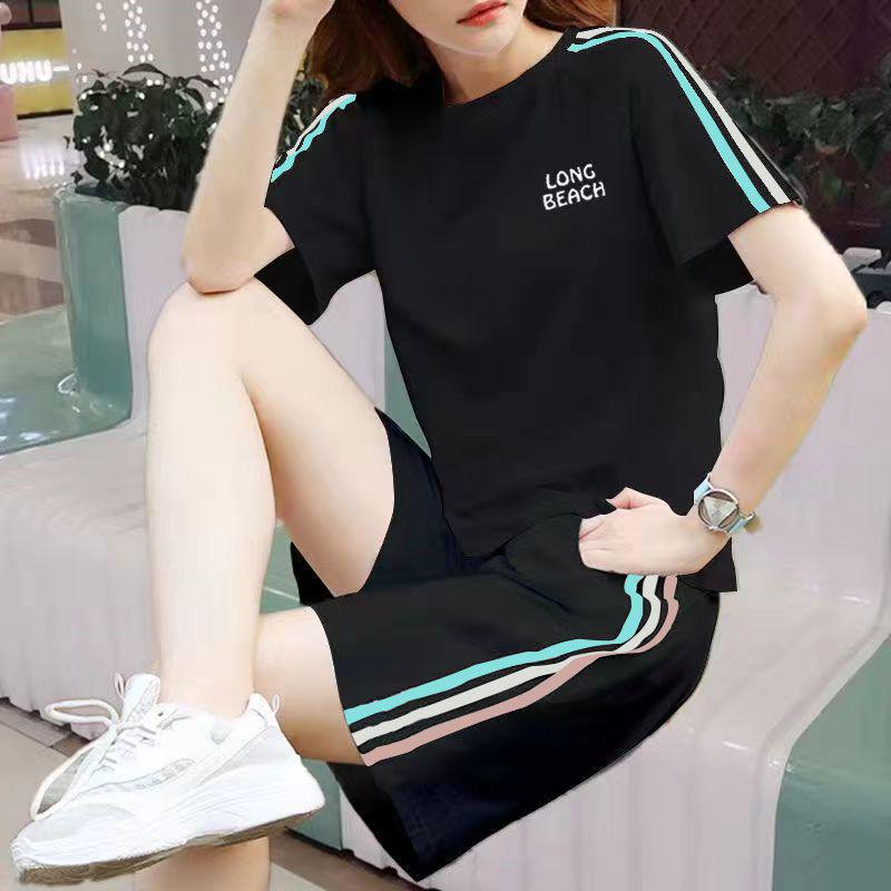 Women's Korean-Style Summer White Loose Plus Size Short Sleeve T-Shirt & Shorts Set