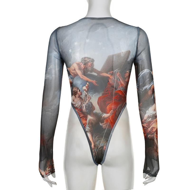 Women's Retro Printed Mesh Long Sleeved Jumpsuit Triangular Bodysuit