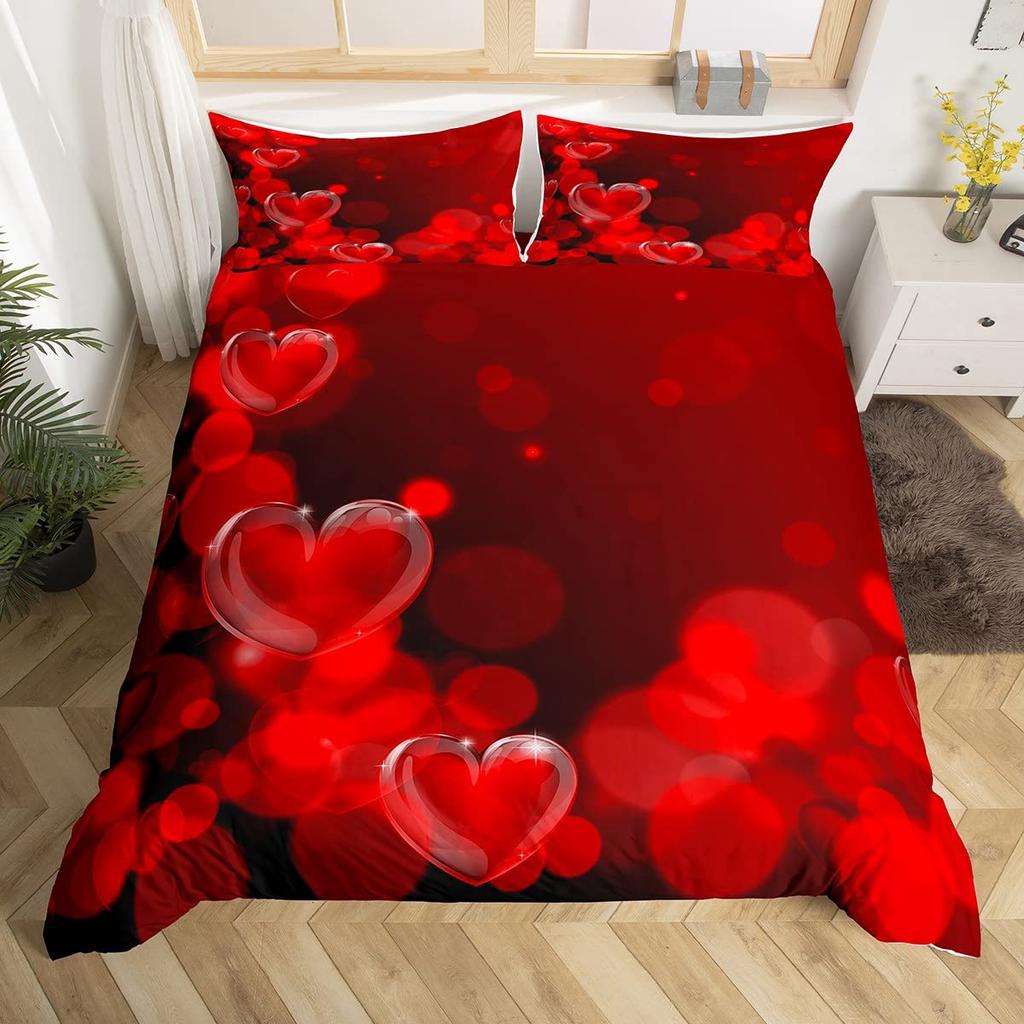 Valentine's Day Duvet Cover Set King Size,Red Truck Heart Tree Bedding Set,Rose Flowers Trailer Comforter Cover Romantic Gifts