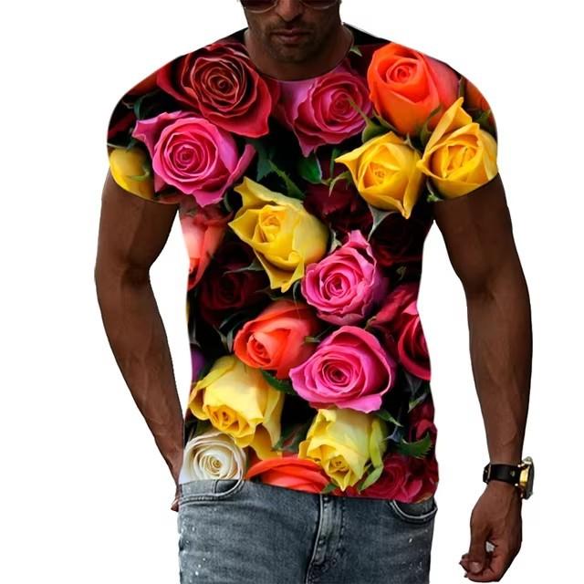 Summer Rose Pattern T-shirt for Men In Large Size Fashionable and Casual Personalized Round Neck Printed T-shirt