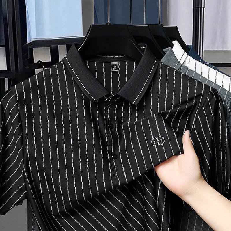 Summer New Men's Short Sleeved T-shirt Middle-aged and Young Vertical Striped Half Sleeved Polo Collar