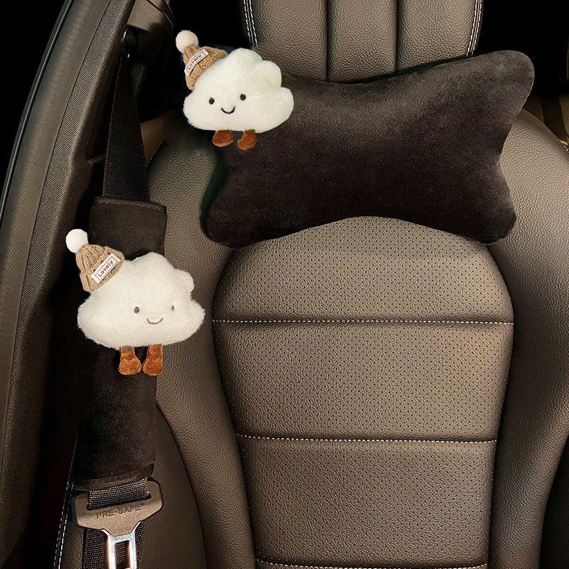 Cute Cartoon Bow Cloud Car Interior Accessories Soft Plush Car Neck Pillow Bone-Shaped Vehicle Headrest Waist Seat Cushion