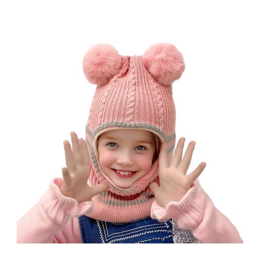 Children Hat Plush Balls Decor Thickened Knitting Hat 3-in-1 Design Hat Scarf Face Guard Headgear Elastic Fit Windproof Hat