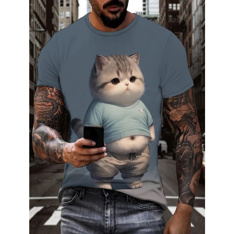 Vtipné tričko s potiskem tlusté kočky Tričko s krátkým rukávem 3D potisk Módní tričko s kulatým výstřihem Zelené Léto Jaro Roztomilé oblečení Oděv
