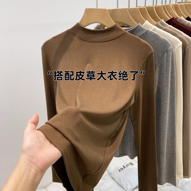 Warm polished small stand-up collar bottoming shirt for women's spring slim-fit long-sleeved T-shirt thin velvet basic top