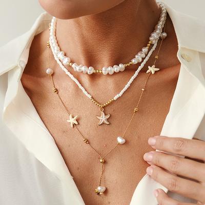 Ocean Wind Dripping Oil Starfish Conch Pendant Necklace, Temperament Baroque Imitation Pearl Collarbone Necklace