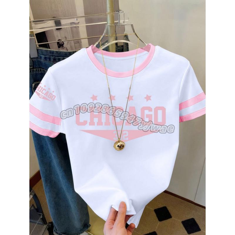 Womens Short Sleeve Color-Block CHICAGO NO.32 Print Y2k T Shirt Girl Round Neck Tee Outdoor Sports Adult Women's T-Shirt