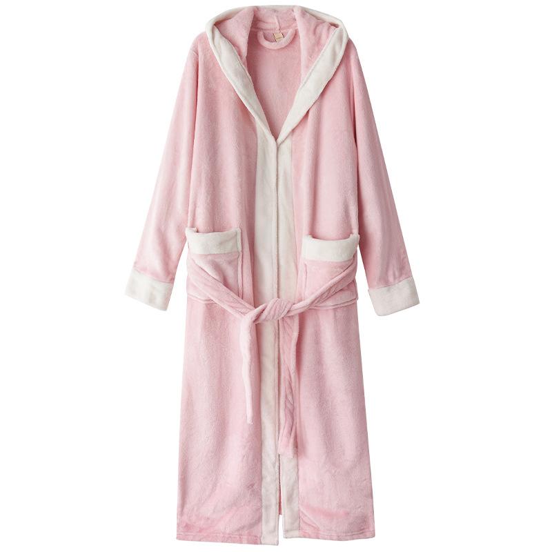 Autumn And Winter Flannel Nightgown Hooded Bathrobe Coral Fleece Men'S Thickened Extended Couple Bathrobe Women