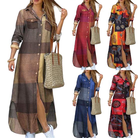 Women Fashion Long Sleeve Printed Pockets Buttons Party Beach Maxi Shirt Dress