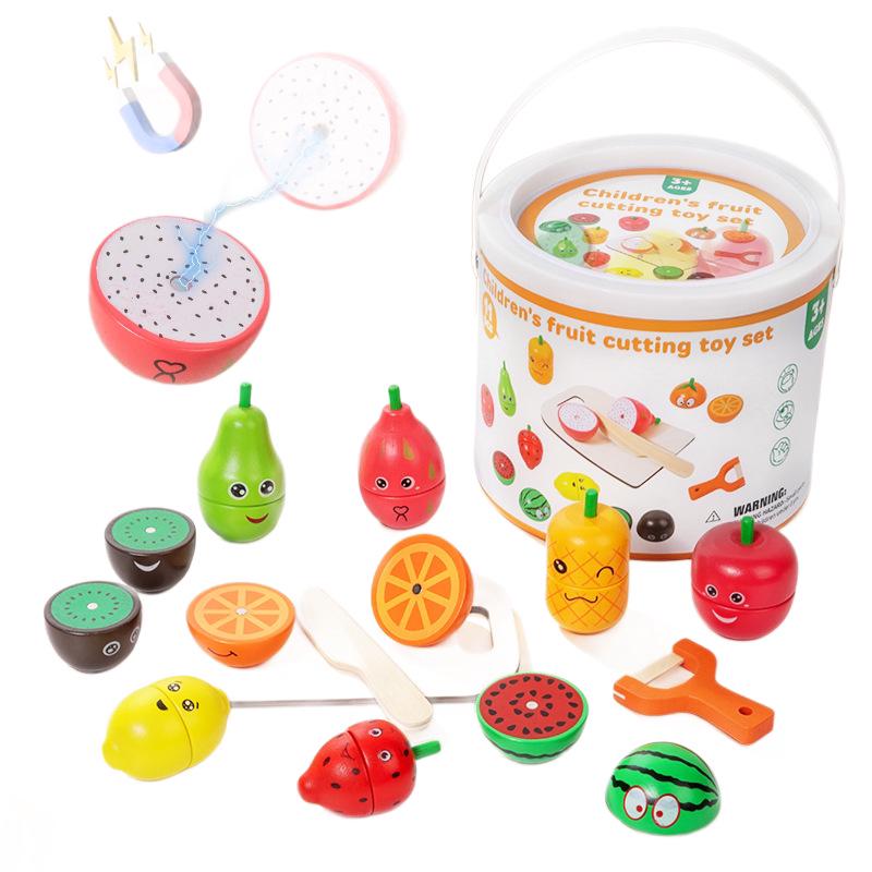 Kids' Wooden Fruit Cutting Toy Set - Educational Role-Play Kitchen Bucket