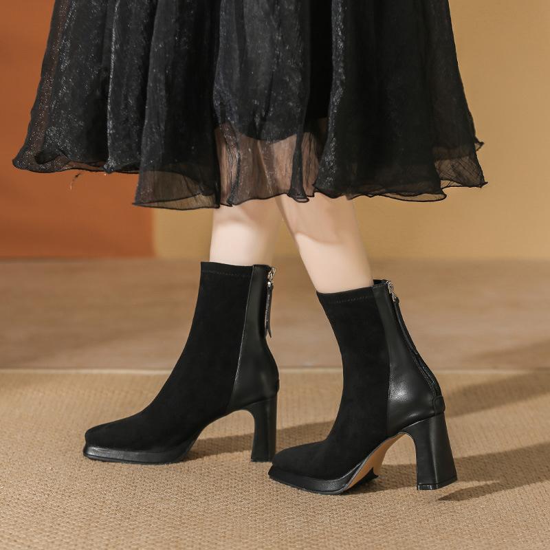 

Waterproof table high heels autumn and winter new suede short boots thick heel thin boots black square head short boots women 39