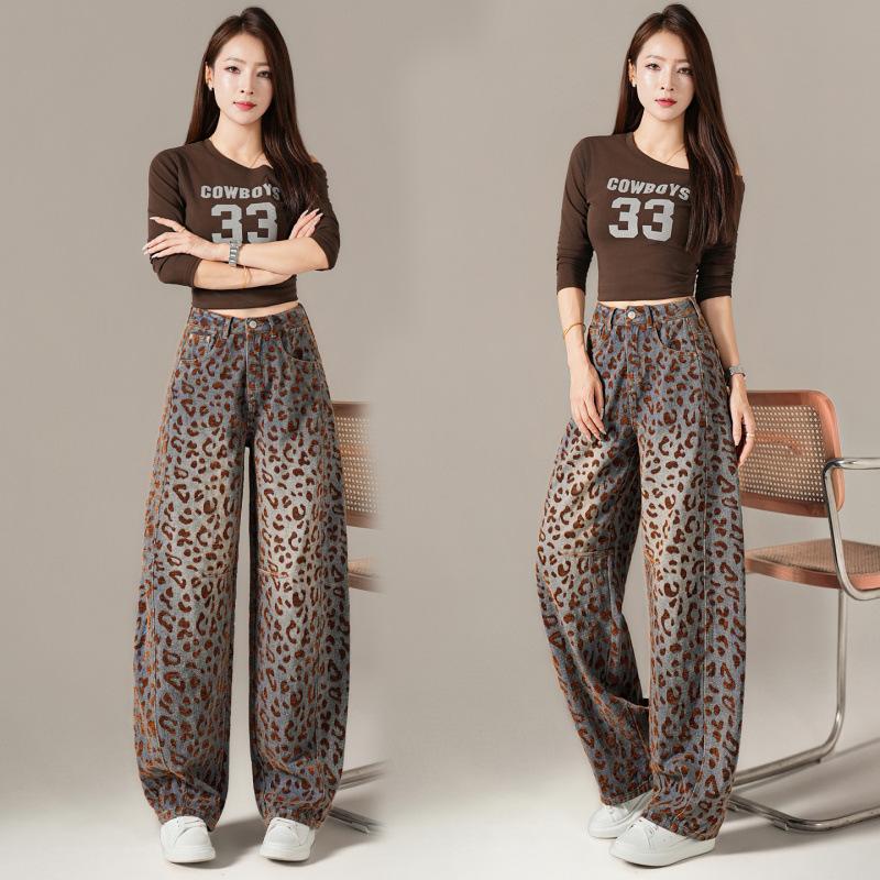 Leopard print jeans women's spring and autumn new loose and thin high waist mopping casual scimitar wide leg trousers tide