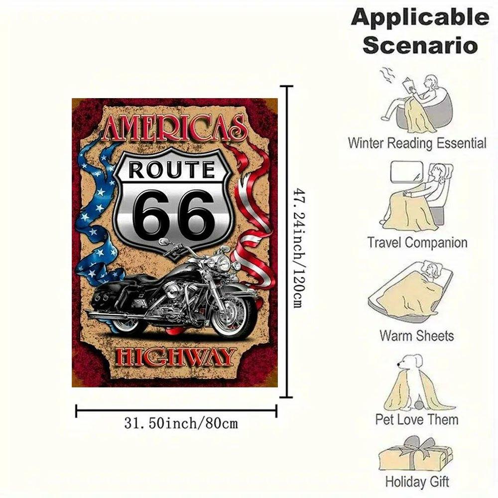 Route 66 Motorcycle Tin Sign USA Flag Decor Metal Poster Wall Art Gift 8x10inBlanket Flannel Throw Blanket for Sofa, Bed, Travel, Camping, O